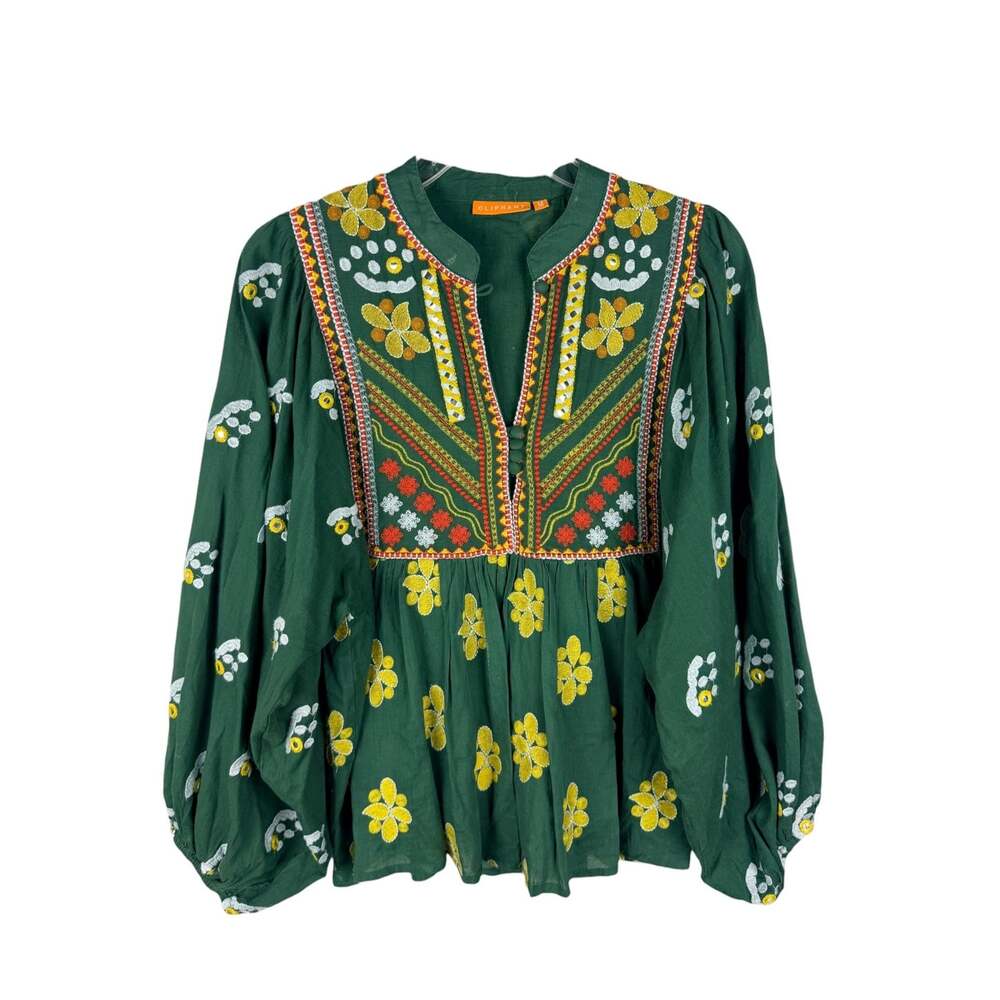 Oliphant Green Lucknow Mandarin Embellished Embroidered Boho Balloon Top M